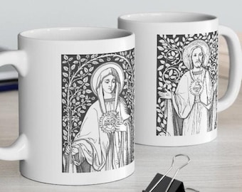 Vintage Sacred Heart and Immaculate Heart Mug - Catholic Gift for men and women - Ceramic Mug 11 oz.