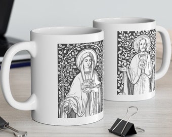 Vintage Sacred Heart and Immaculate Heart Mug - Catholic Gift for men and women - Ceramic Mug 11 oz.