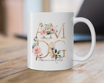 Floral AMDG Ceramic Mug 11oz - "Ad Majórem Dei Glóriam" - "For the greater glory of God" in Latin - Catholic Women/Mother's Day Gift