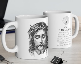 Holy Face, Precious Blood of Jesus Mug with Fatima Prayer "O My Jesus" - Eucharist Ceramic Mug 11oz - Catholic Gifts for Men and Women