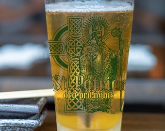 St. Patrick Pint Glass, 16oz - Catholic Drinking Glass - Catholic Kitchen - Gifts in Latin - ora pro nobis