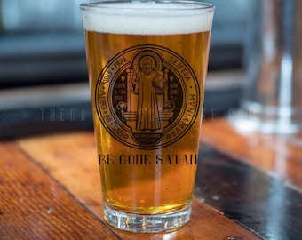 St. Benedict Medal Pint Glass, 16oz - Catholic Drinking Glass - Catholic Kitchen - Gifts in Latin - Beer Stein - Catholic Gifts for Men