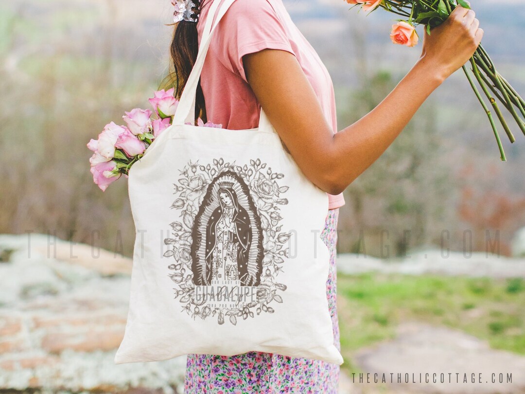 Our Lady of Guadalupe Canvas Tote Bag - Floral Marian Bag - Catholic ...