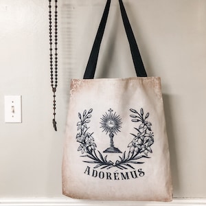 Eucharistic Adoration Tote Bag - &quot;Adoremus&quot; Latin for &quot;Let us adore&quot; Catholic Mass Bag - Holy Eucharist Gift for Men, Women, and Kids