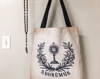 Eucharistic Adoration Tote Bag - "Adoremus" Latin for "Let us adore" Catholic Mass Bag - Holy Eucharist Gift for Men, Women, and Kids