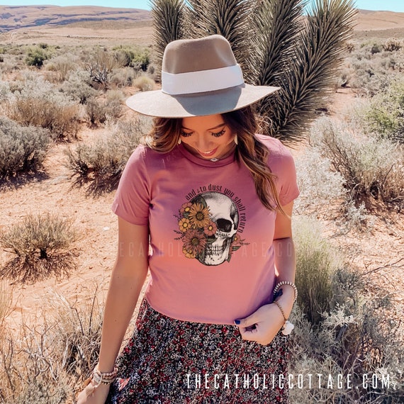 Floral Memento Mori T Shirt "and to dust you shall return" - Catholic Apparel for Women and Girls - Unisex Short Sleeve Tee