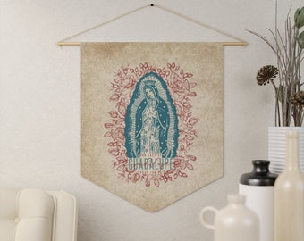 Vintage Floral Our Lady of Guadalupe Banner - Catholic Pennant of Our Lord - Catholic Wall Decor