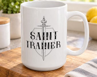 Saint Trainer Mug with Sword and Shield - Ceramic Mug 11 or 15 oz - Catholic Gift for Men and Women