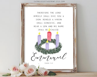 Advent Candles Printable - Isaias/Isaiah 7:14 Bible Quote Wall Art, Christmas Card/Wall Decor, His name shall be called Emmanuel