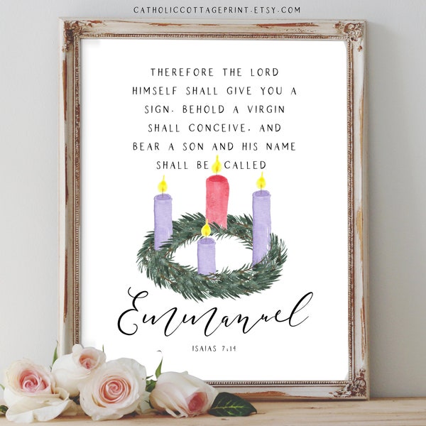 Advent Candles Printable - Isaias/Isaiah 7:14 Bible Quote Wall Art, Christmas Card/Wall Decor, His name shall be called Emmanuel