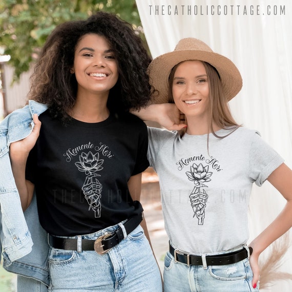 Floral Memento Mori T Shirt - Skeleton hand holding a flower - Catholic Apparel for Women and Girls - Unisex Short Sleeve Tee