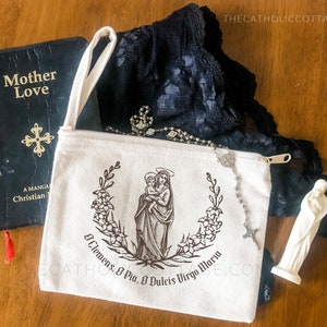 Our Lady with the Child Jesus - Marian Chapel Veil Bag - Our Lady Catholic Mass Bag - Rosary Pouch/Tote - Cotton Canvas Zipper Pouch