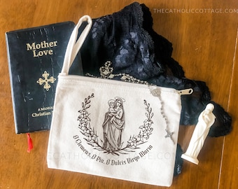 Our Lady with the Child Jesus - Marian Chapel Veil Bag - Our Lady Catholic Mass Bag - Rosary Pouch/Tote - Cotton Canvas Zipper Pouch