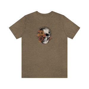 Floral Memento Mori T Shirt "and to dust you shall return" - Catholic Apparel for Women and Girls - Unisex Short Sleeve Tee Heather Olive