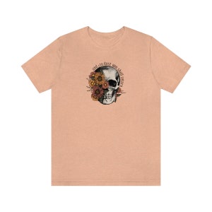 Floral Memento Mori T Shirt "and to dust you shall return" - Catholic Apparel for Women and Girls - Unisex Short Sleeve Tee Heather Peach