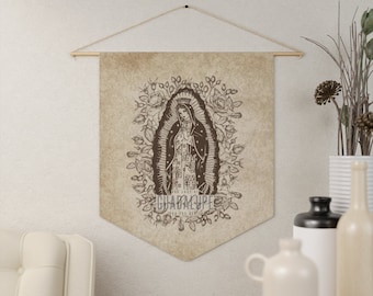 Vintage Floral Our Lady of Guadalupe Banner - Catholic Pennant of Our Lord - Catholic Wall Decor