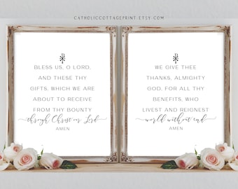 Catholic Kitchen Blessing - Prayer Before and After Meals - Bless Us O Lord - We give Thee Thanks, Kitchen Digital Printable