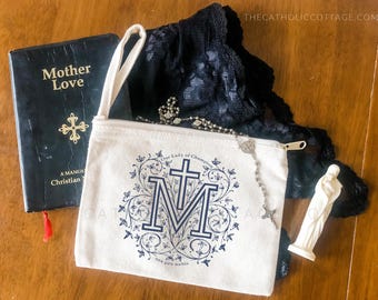 Our Lady of Champion Chapel Veil Bag - Catholic Marian Mass Bag - Mary Rosary Pouch/Tote - Cotton Canvas Zipper Pouch