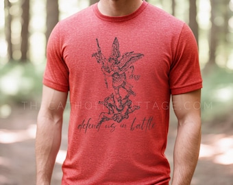 Catholic St. Michael Tee "Defend us in battle" - Catholic Gifts for Men, Teen, Boys - Catholic T Shirt Apparel