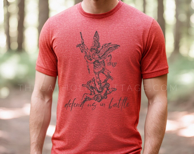 Featured listing image: Catholic St. Michael Tee "Defend us in battle" - Catholic Gifts for Men, Teen, Boys - Catholic T Shirt Apparel