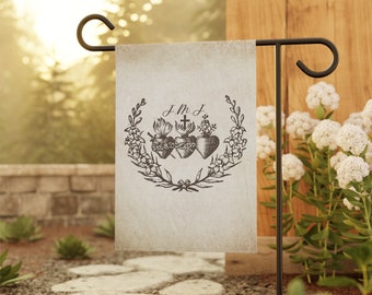 JMJ Vintage Holy Hearts Outdoor Garden & House Banner, Catholic Home Decor, Catholic Garden Flag, Sacred Heart, Immaculate Heart