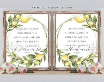 Catholic Kitchen Blessing - Prayer Before and After Meals - Bless Us O Lord - We give Thee Thanks, Lemon Kitchen Digital Printable