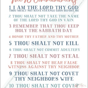 May include: A printable poster with the Ten Commandments written in a decorative font. The text is in a light blue and pink color scheme. The poster is suitable for a religious setting.