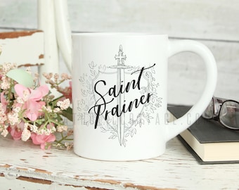 Saint Trainer Mug with Sword and Floral Shield - Ceramic Mug 11oz - Catholic Gift for Men and Women