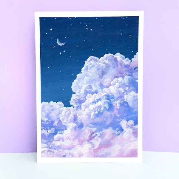 Purple Cloud and Night Sky Art Print ~ A4/A5/A6 ~ Fluffy Cloud Acrylic Painting Print ~ Laura Caroline