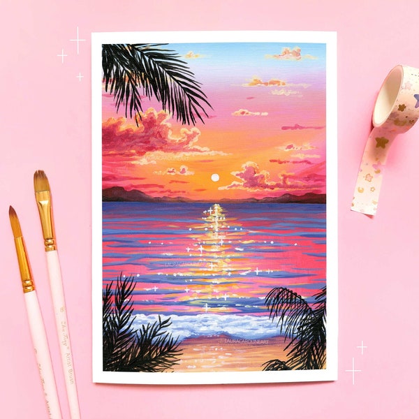 Tropical Beach Sunset Art Print ~ A4/A5/A6 ~ Colourful Landscape Wall Decor ~ Acrylic Painting Poster ~ Laura Caroline