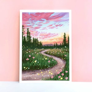 Sunset Meadow Art Print ~ A4/A5/A6 ~ Colourful Landscape Wall Art ~ Nature Path Acrylic Painting Print ~ Laura Caroline