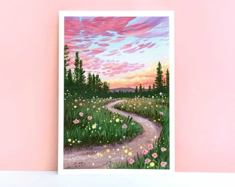 Sunset Meadow Art Print ~ A4/A5/A6 ~ Colourful Landscape Wall Art ~ Nature Path Acrylic Painting Print ~ Laura Caroline