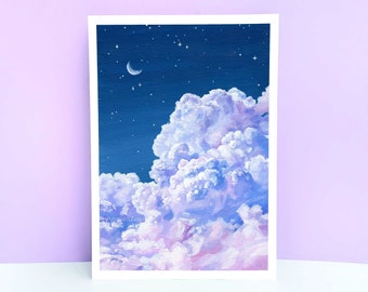 Purple Cloud and Night Sky Art Print ~ A4/A5/A6 ~ Fluffy Cloud Acrylic Painting Print ~ Laura Caroline