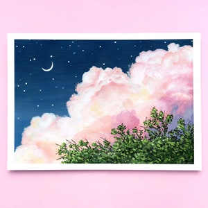 Dreamy Pink Cloud Art Print ~ A4/A5/A6 ~ Moon and Stars Aesthetic Room Decor ~ Colourful Sky Painting Print ~ Laura Caroline