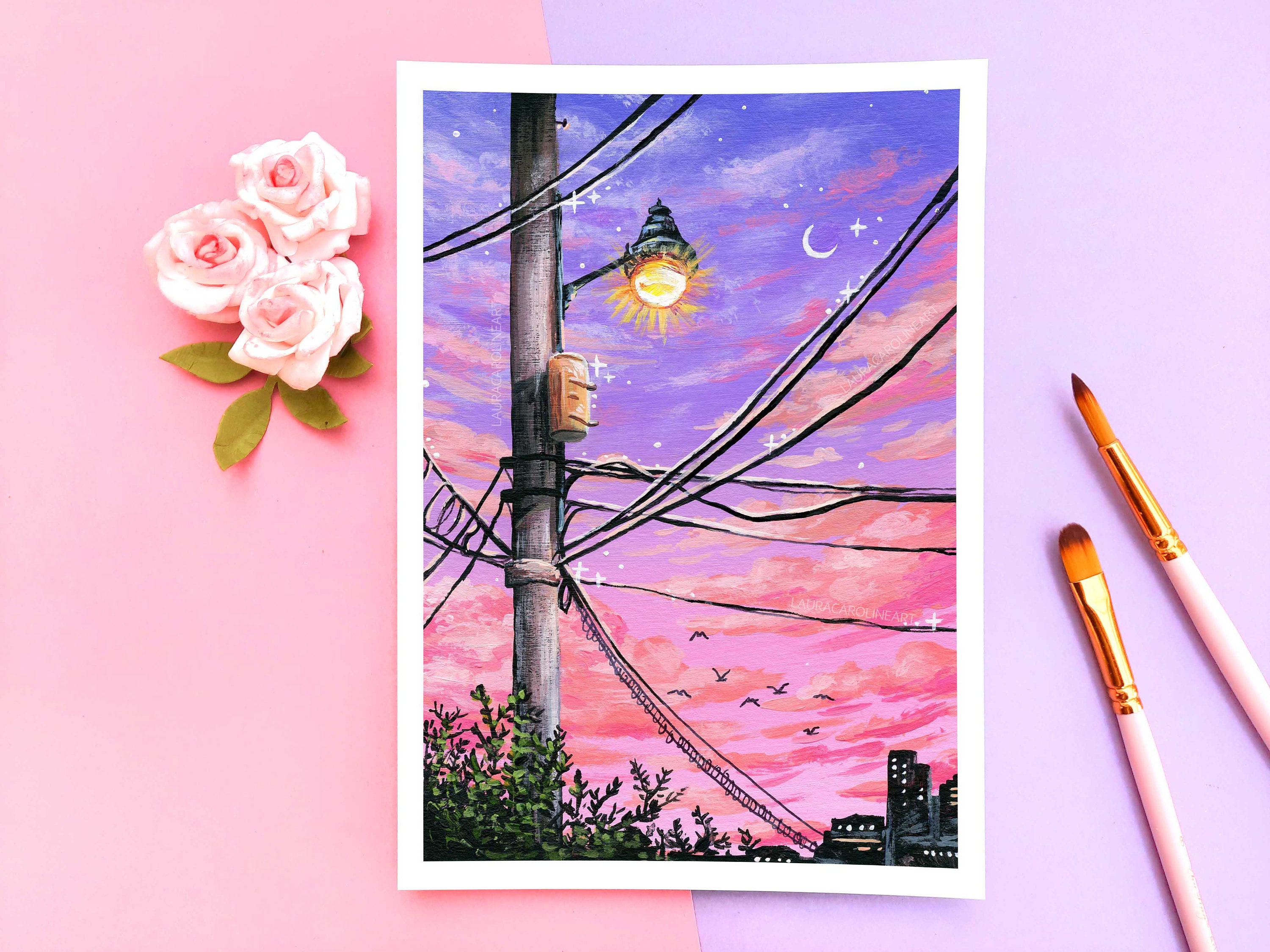 Aesthetic Sky City Art Print ~ A11/A11/A11 ~ Dreamy Cityscape Wall Art ~ Pink  and Purple Clouds Painting Print ~ Laura Caroline