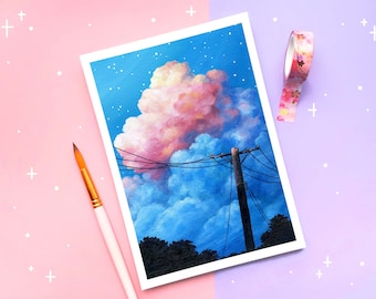 Celestial Pink and Blue Cloud Art Print ~ A4/A5/A6 ~ Magical Sunset Wall Decor ~ Dreamy Acrylic Painting Print ~ Laura Caroline