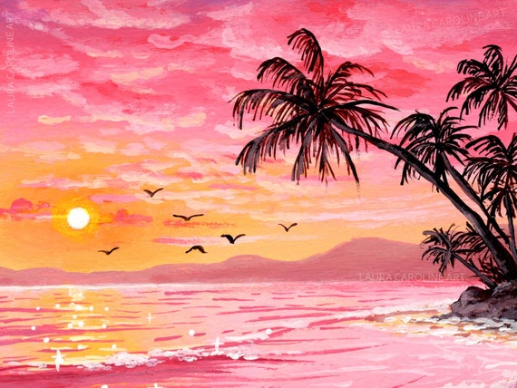 Pink Beach Sunset Art Print A4/A5/A6 Dreamy Ocean Tropical Room Decor Laura  Caroline Art 