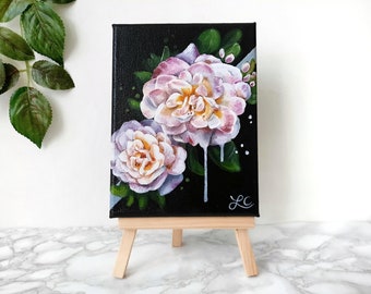 Original Mini Pink Floral Acrylic Painting on Canvas ~ "Blush Roses" ~ 4.7 x 6.3" ~ Laura Caroline