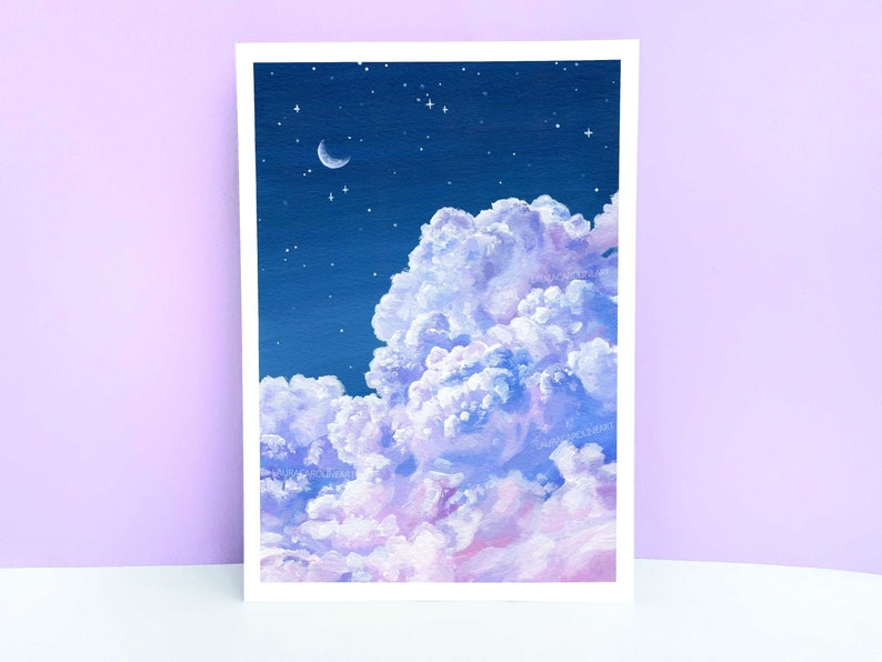 Purple Cloud and Night Sky Art Print A4/A5/A6 Fluffy Cloud Acrylic Painting Print Laura Caroline image 1