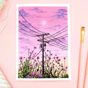 Aesthetic Pink Sunset Art Print ~ A4/A5/A6 ~ Flowers and Telegraph pole ~ Moon and Clouds Wall Art ~ Laura Caroline