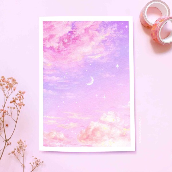 Affiche d'art rose pastel lune et nuages ~ A4/A5/A6 ~ impression peinture acrylique ~ Laura Caroline (liquidation)