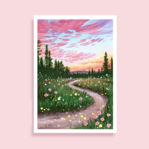 Sunset Meadow Landscape Art Poster ~ A4/A5/A6 ~ Acrylic Painting Print ~ Laura Caroline (CLEARANCE)