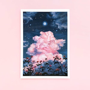 Pink Cloud and Night Sky Art Print ~ A4/A5/A6 ~ Dreamy Moon and Stars Wall Art ~ Laura Caroline