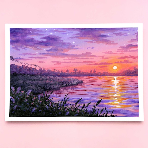 Colourful Sunset Lake Art Print ~ A4/A5/A6 ~ Dreamy Pink and Purple Landscape Wall Art ~ Laura Caroline