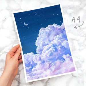 Purple Cloud and Night Sky Art Print A4/A5/A6 Fluffy Cloud Acrylic Painting Print Laura Caroline A4