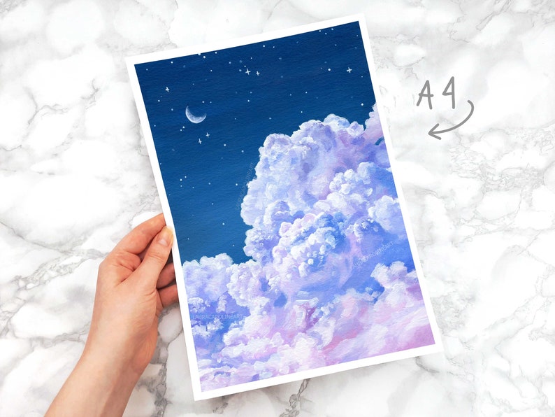 Purple Cloud and Night Sky Art Print A4/A5/A6 Fluffy Cloud Acrylic Painting Print Laura Caroline A4