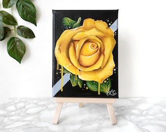 Original Mini Yellow Floral Acrylic Painting on Canvas ~ "Rose I" ~ 12x16cm ~ Laura Caroline