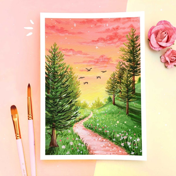 Woodland Pathway Art Print ~ A4/A5/A6 ~ Orange and Peach Nature Sunset ~ Landscape Original Artwork ~ Laura Caroline