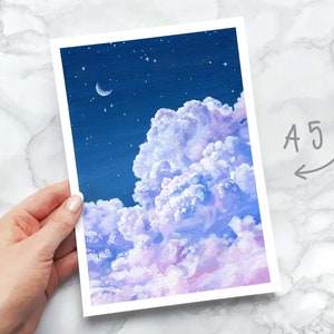 Purple Cloud and Night Sky Art Print A4/A5/A6 Fluffy Cloud Acrylic Painting Print Laura Caroline A5