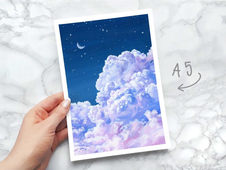 Purple Cloud and Night Sky Art Print A4/A5/A6 Fluffy Cloud Acrylic Painting Print Laura Caroline A5